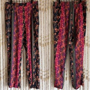 Soft Curio Boho Indie Ornate Floral Festival Stretch Waist Wide Leg Pants Med